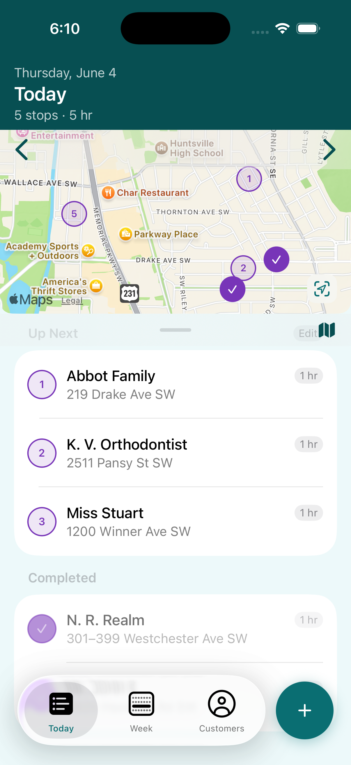 Job Rounds Today view — today's stops in driving order, ready to check off