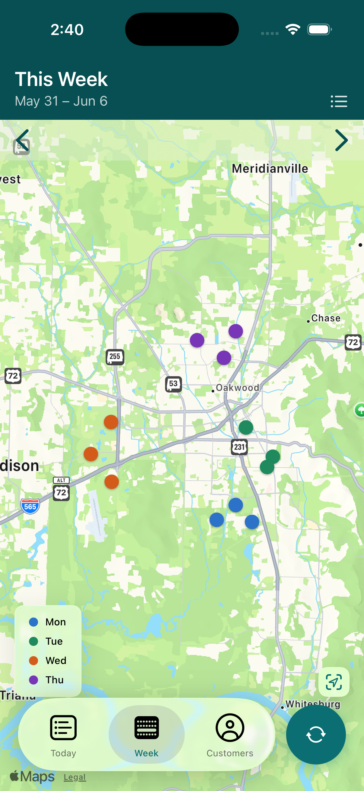 Job Rounds — this week's stops grouped on the map by day